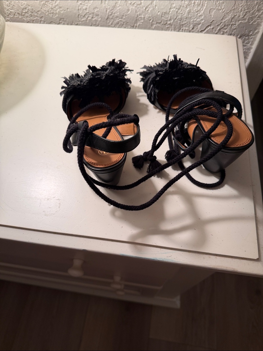 Tory Burch Black Fringe Lace-Up Block Heel Sandals